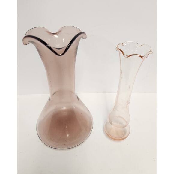 Vintage Pink Art Glass Vases Lot – Ruffled Hand Blown & Etched Flared Pair - Picture 2 of 8